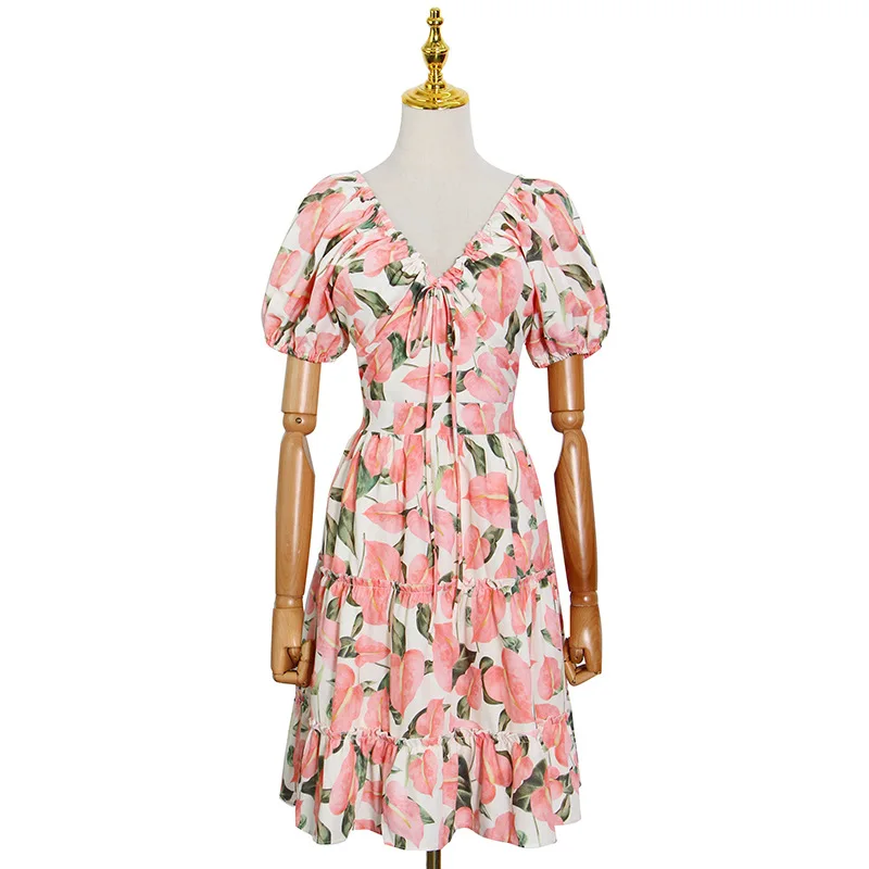 

Fashion brand 2021 spring new style V-neck bubble sleeve printed Short Sleeve Ruffle Dress