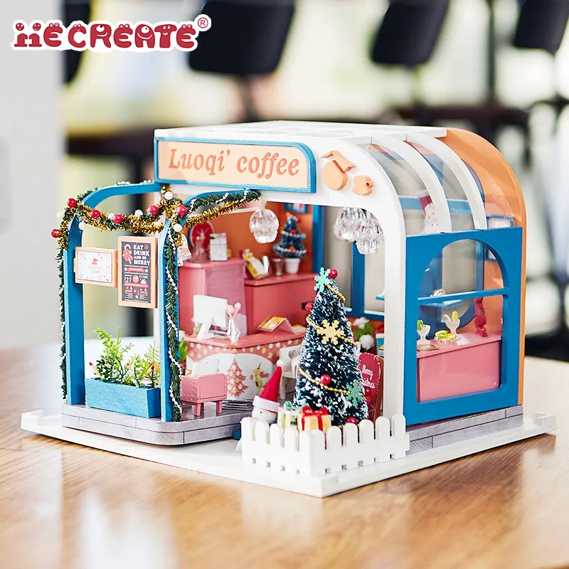 

iiE Create Dollhouse Miniature Coffee Shop Wooden Doll House Comes Furniture Led Light Diy Toys Christmas Gift Toys for Children