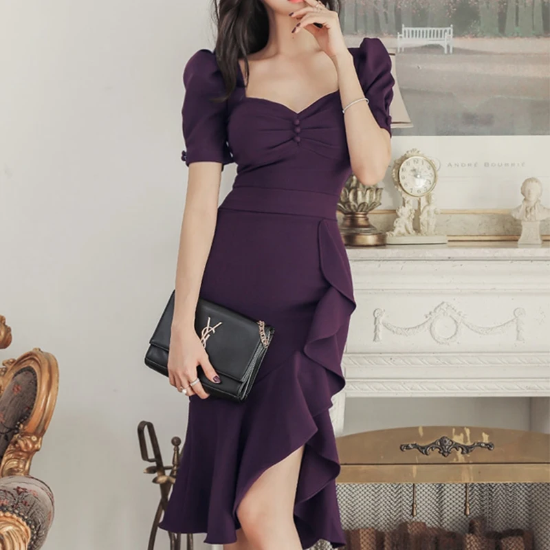 Фиолетовые облегающие элегантные Асимметричные рабочие платья с оборками лето