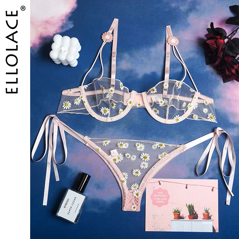

Ellolace, сексуальные прозрачные экзотические наборы, цветочный принт, бюстгальтер на косточках, чувственное женское нижнее белье, порно белье,...