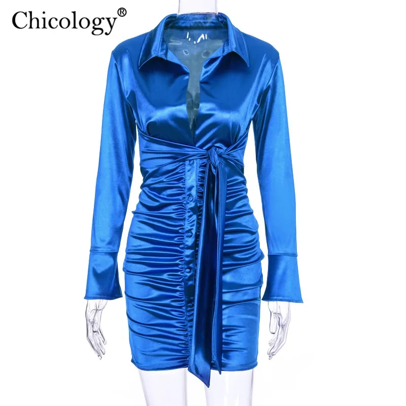 Chicology неоновое атласное атлас зашнуровать мини платье женское 2019 длинным рукавом