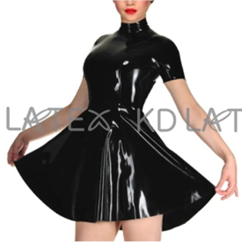 Сексуальное латексное черное платье с короткими рукавами высоким воротником