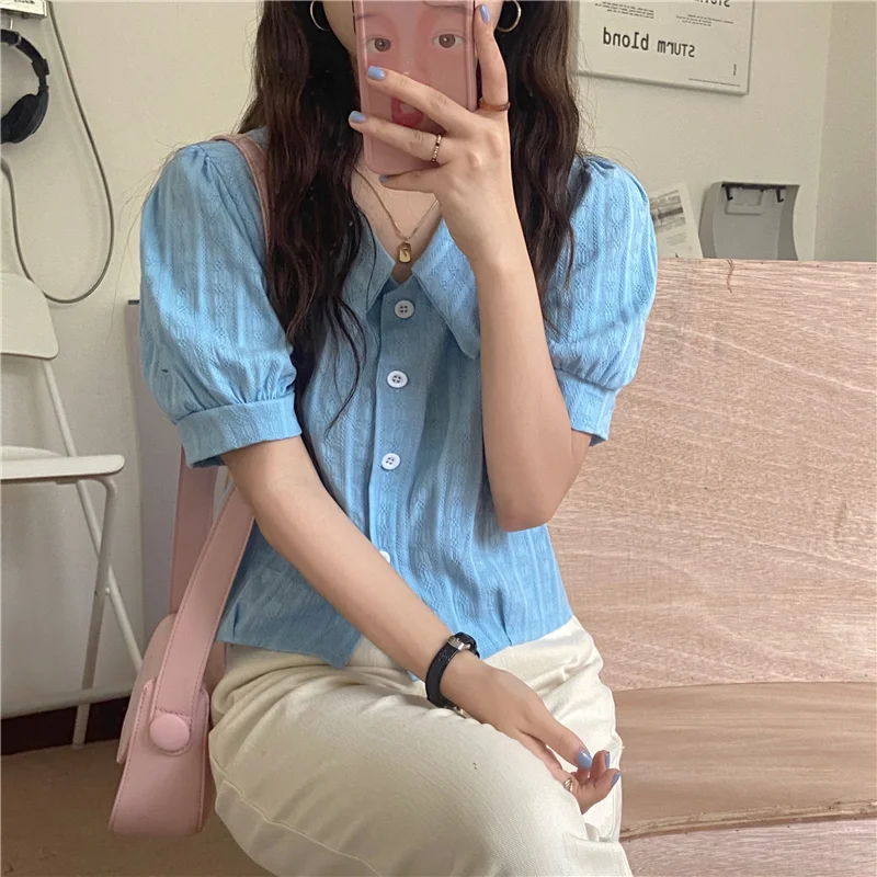 

HziriP Summer New Design Sense Elegant Chic Fashion Loose Shirt 2021 French Ladies Gentle Notched Short-Sleeved Casual Blouses
