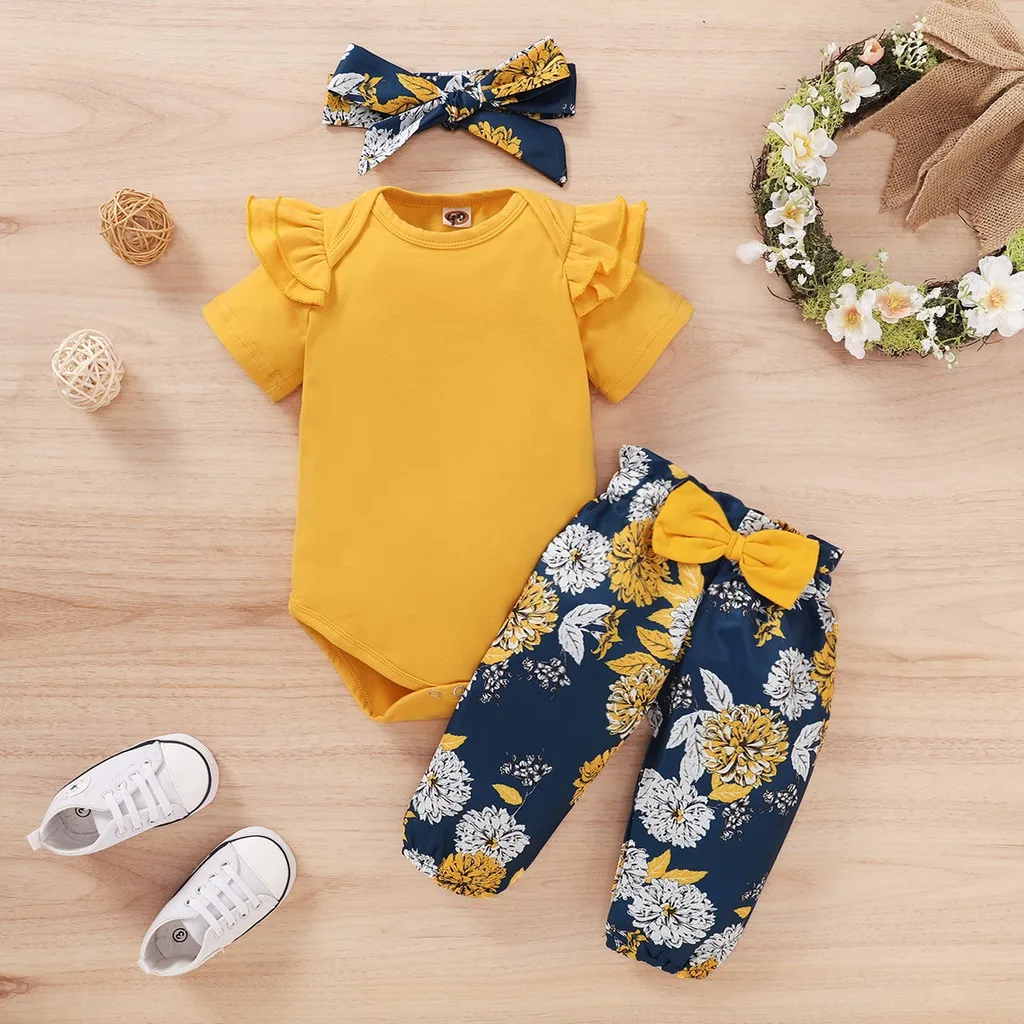 

Newborn Baby Girls Clothes Infants Baby Girl Short Sleeve Bodysuit + Floral Pants+Headband 3pcs Outfits Toddler Baby Girl Set