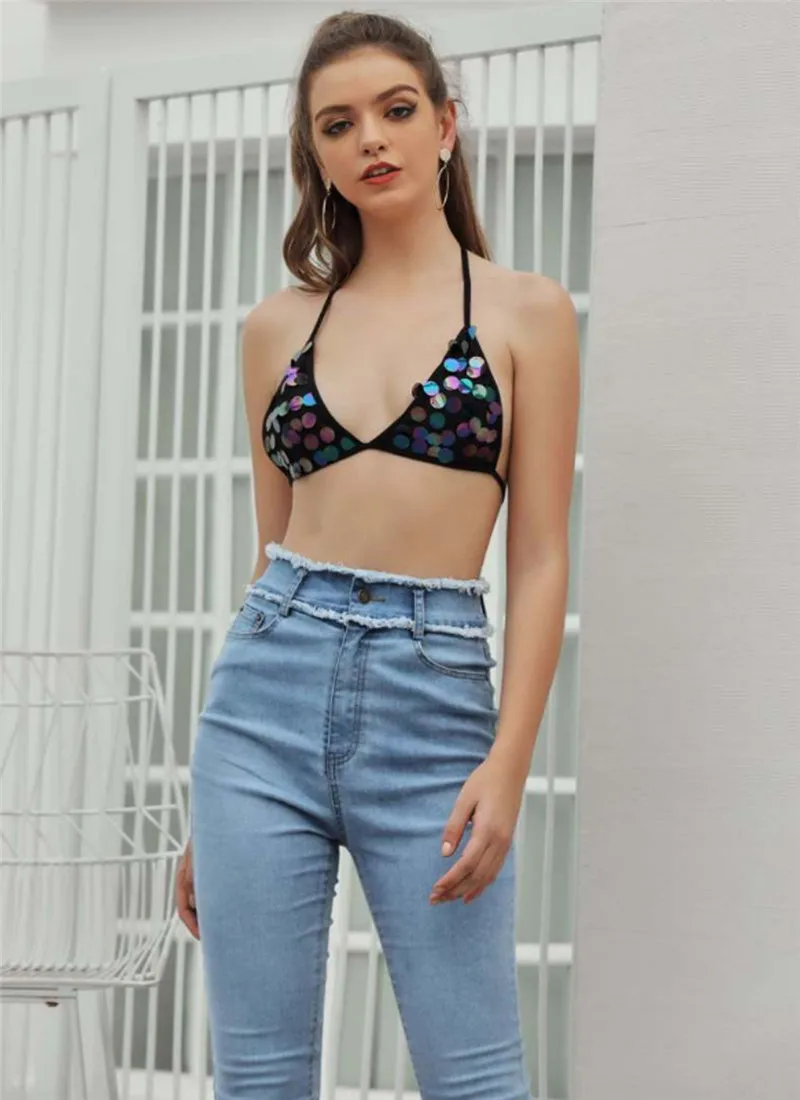 Новые женские летние пикантные Блестки без спинки бретелек топы жилет