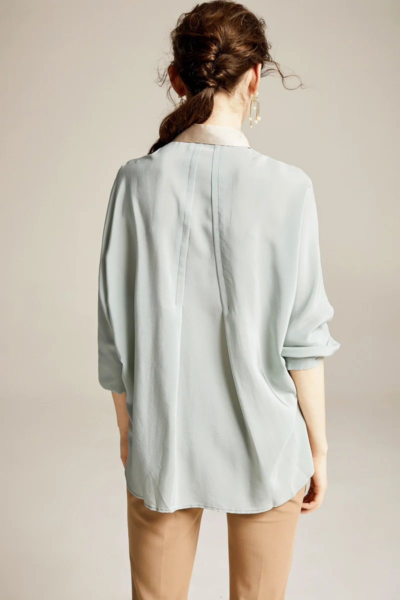 100% чистый шелк Женские рубашки отложной воротник цвет блок с длинным рукавом