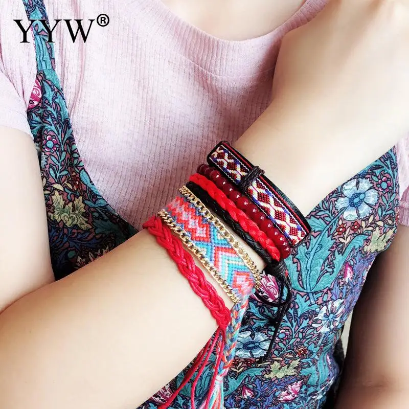 YYW богемный стиль унисекс браслеты красный хлопок 5 слоев нить вощеный шнур для