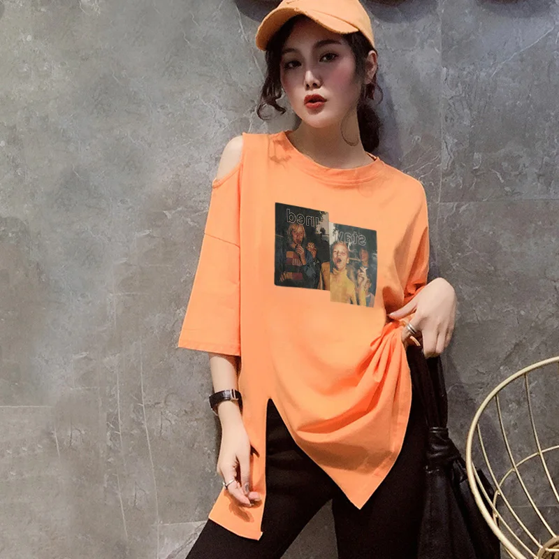 

European fashion personalized hem split T-shirt women's short sleeve 2021 new loose cotton off shoulder half sleeve top summer