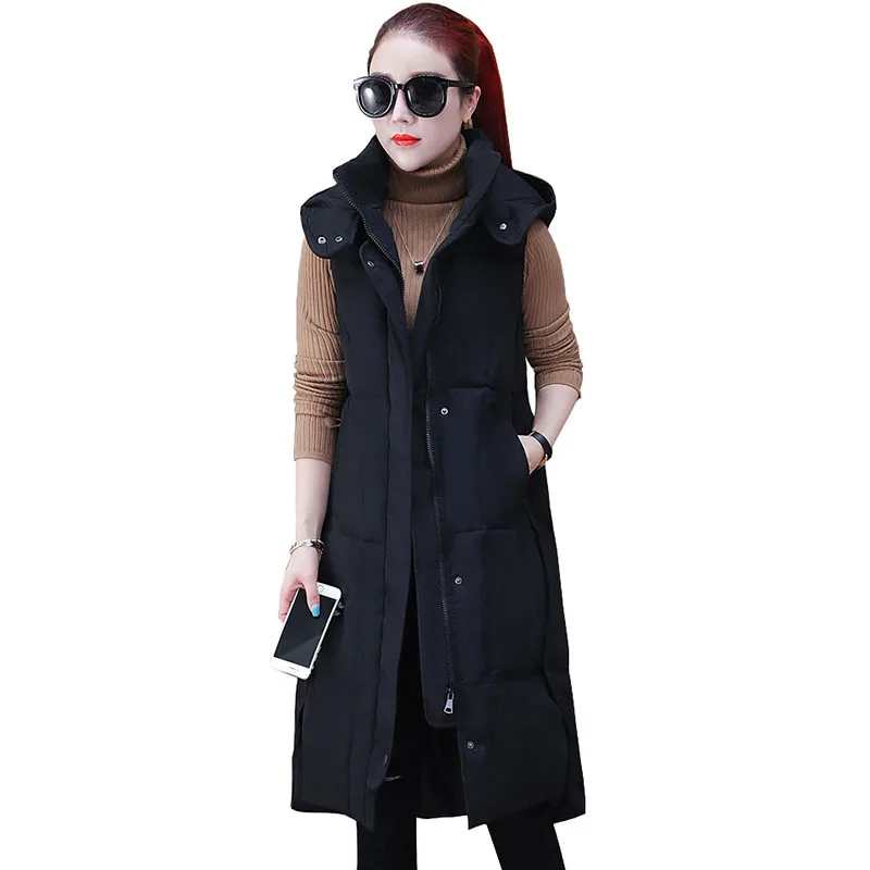

New Fashion Women Autumn Winter Vest Coat Sleeveless Black Hooded Long Jacket Large size Loose Down Cotton Warm Thick Vest OK772