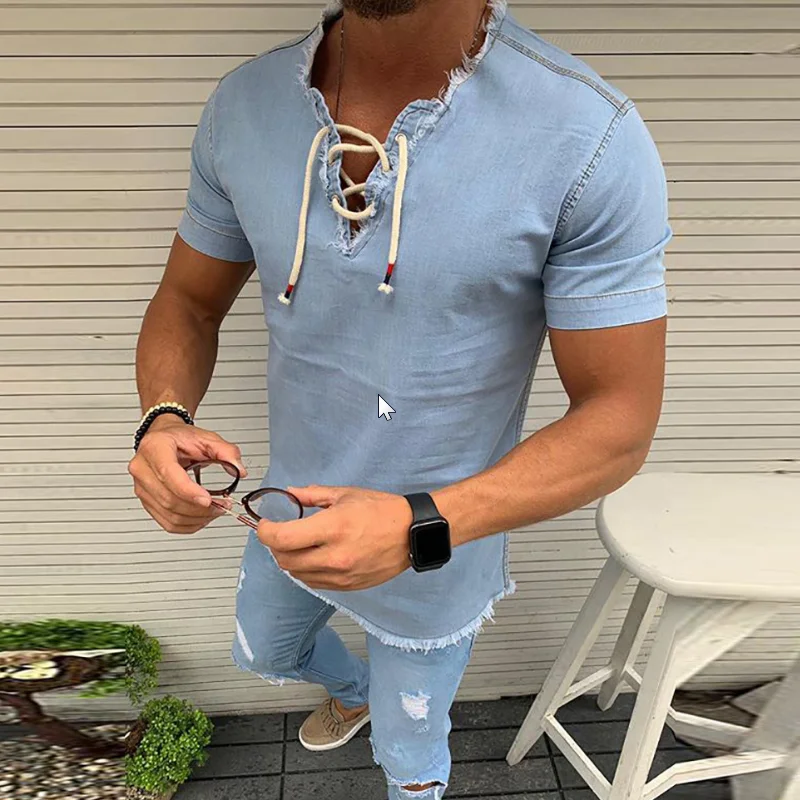 

2021 New Spring Summer Men's Clothing Denim Blue Short Sleeve T-shirt Slim Fitness Sports Tops Long Sleeve Mens Shirt MY387