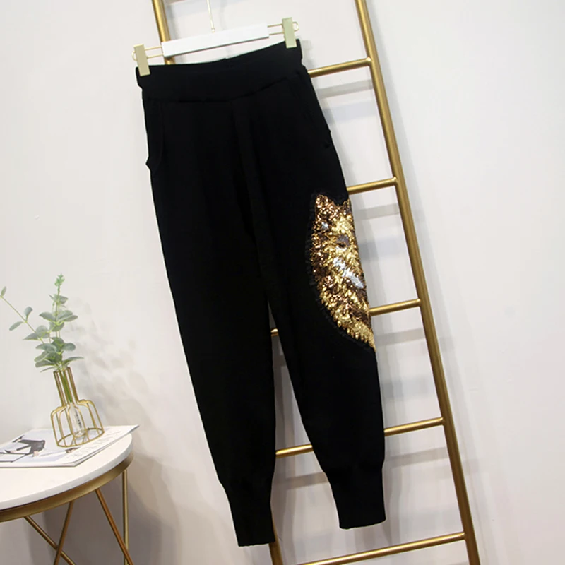 HIGH STREET стильный Подиум костюм набор женщин блестками бисером свитер вязание брюки набор