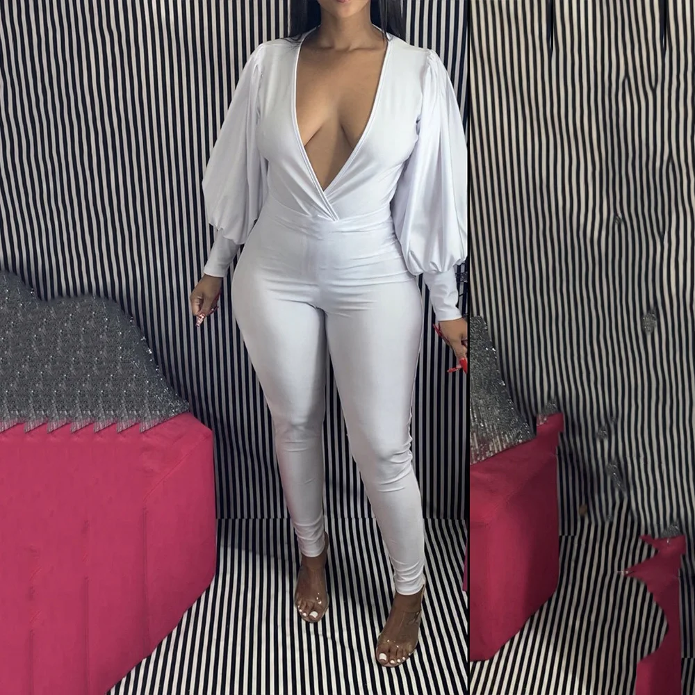 

White 2 Piece Set Women Pant Sets Deep v Neck Lantern Sleeve Tops & Skinny Pencil Trousers Sexy Evening Night Club Outfits Sets