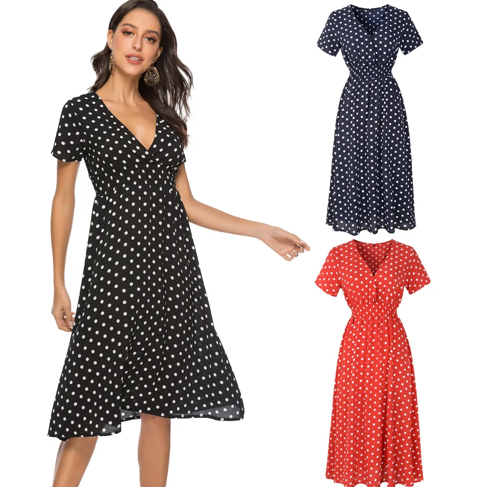 

NAKKESHMEN-Euramerican Chiffon Beach Skirt 2021 Summer New V-neck Sexy Polka Dot Print Dress Bohemian Dress