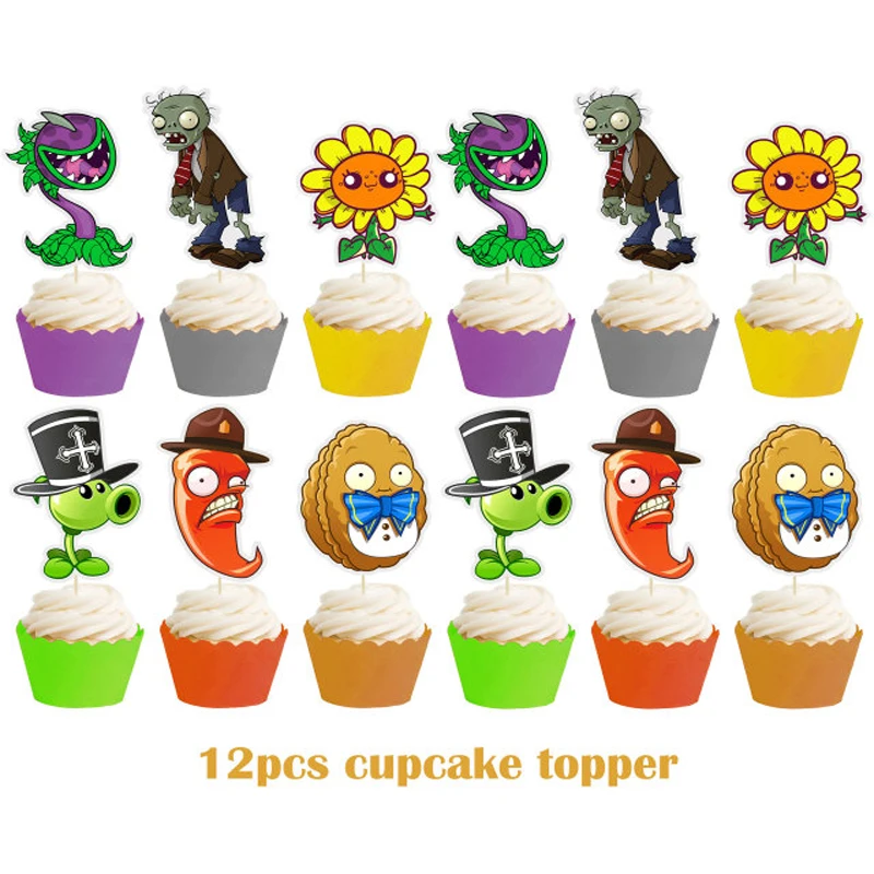 

12pcs/lot Baby Shower Plants vs Zombies Theme Cupcake Toppers Decorations Kids Favors Birthday Party Cake Topper with Sticks