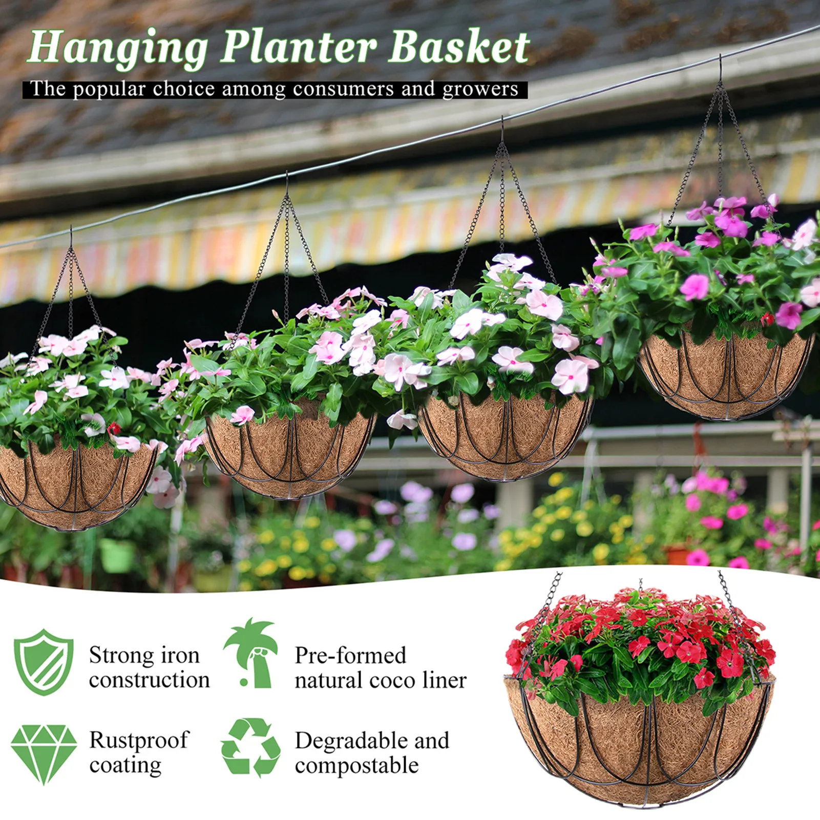 

4PCS Metal Hanging Basket Plant Hanger Basket Flowerpot Plant Holder Hanging Lifting Rope Garden Home Garden Decor