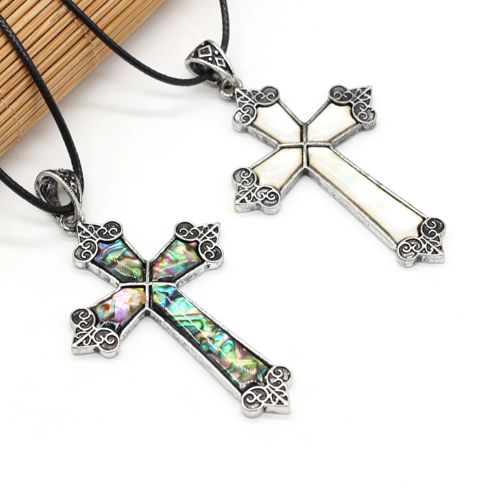 

Wholesale Natural Shell Abalone Pendant Necklace Simple Cross Shape Antique Silver Alloy Necklace Jewelry Good Quality