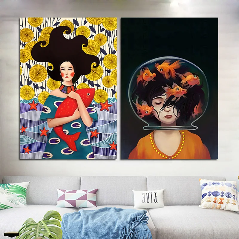 Modern Women With Long Hair Poster Painting Printed Unframed Canvas Cuadros Wall Home Decor For Bedroom Office Pictures | Дом и сад