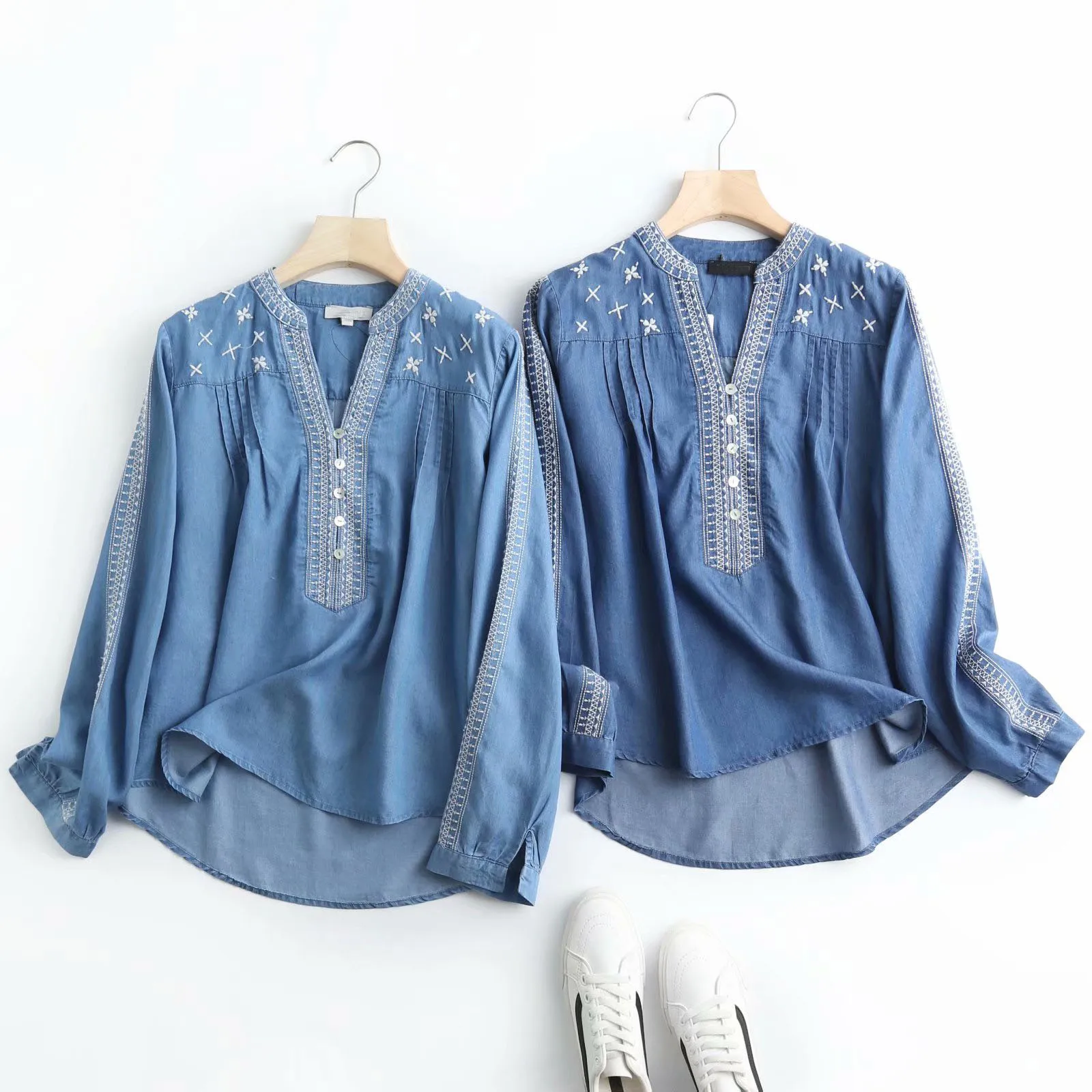 

floral embroidery denim blouse women summer autumn casual o neck soft light blue denim blouse tops and blouses blusas mujer
