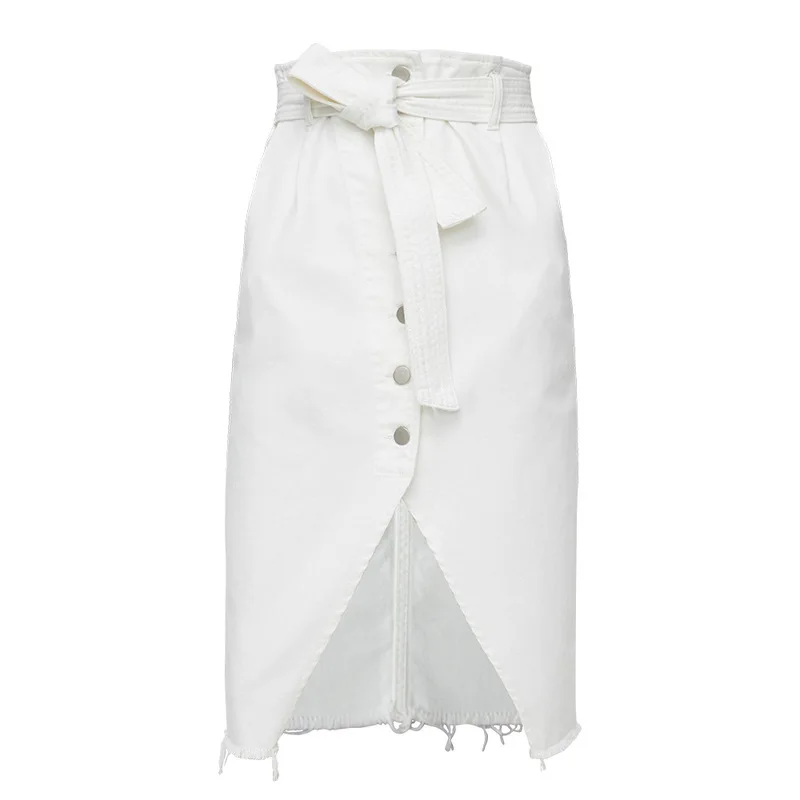 

New personality design long irregular split burr with belt hip and denim skirt