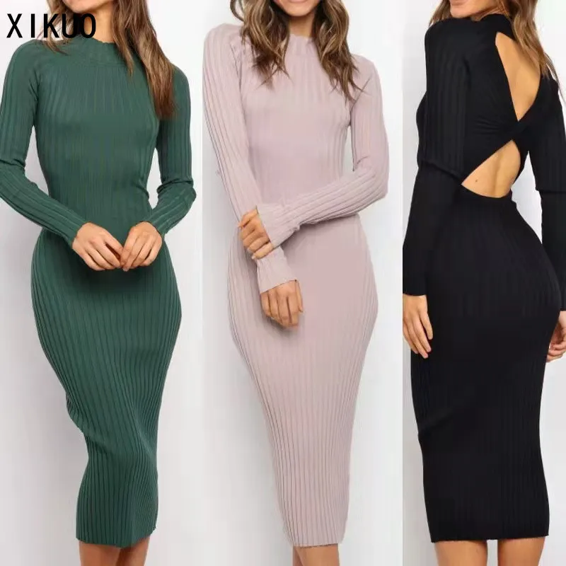 

Women's Mid-length Sexy Temperament Round Neck Pit Strip Pure Color Slim New Women's V-neck Casual Long-sleeved Dress-LT
