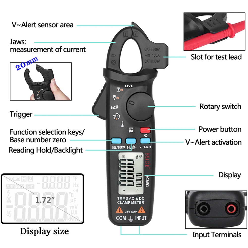 AC DC Клещи BSIDE ACM91 T RMS Цифровой Амперметр мультиметр точность 1mA 100A автомобилей