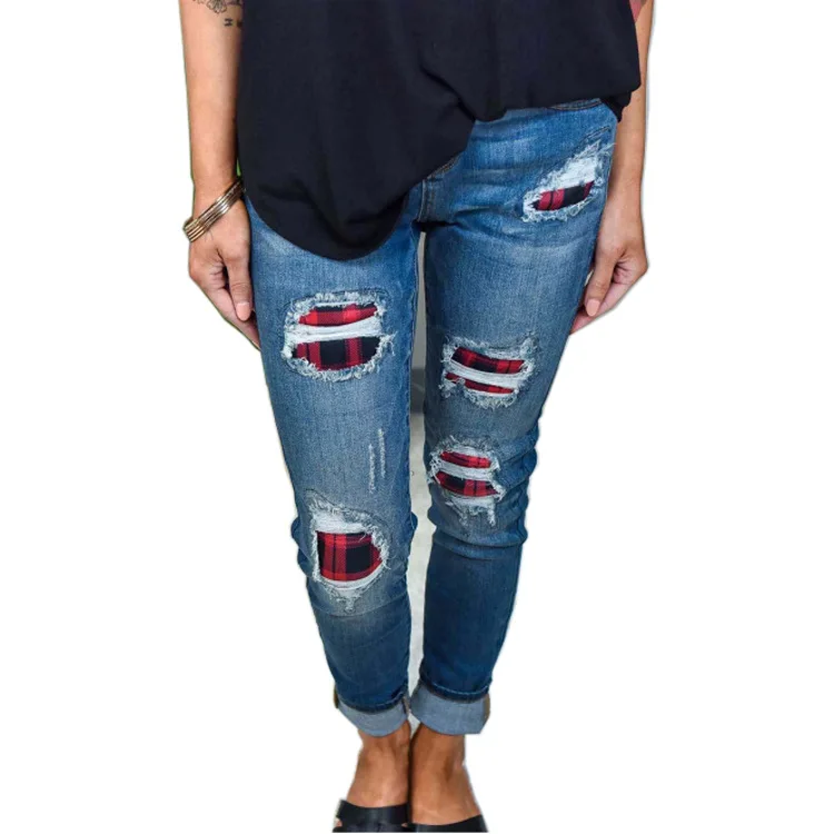 

FNOCE 2020 new women's ripped jeans pants fashion trends casual elegant leopard patchwork high waist slim hole denim pencil pant