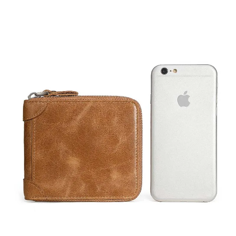 MIRROR SUNNY Retro genuine leather men short wallet multi-functional men's zipper purse vintage male card coin | Багаж и сумки