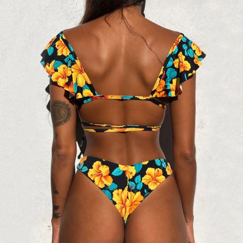 

Ruffle Bikini Floral 2019 Sexy White Swimsuit Brazilian Swimwear Women Black Thong Bikinis Set Swimming for Women Bathing Suit