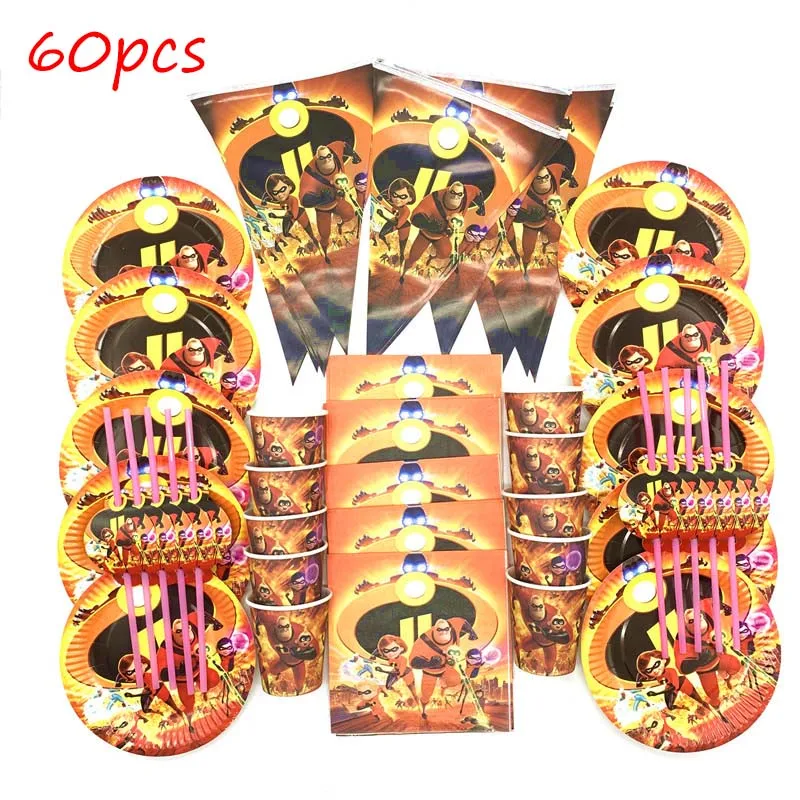 BeiPanXiQiZhi 60pcs 100 шт./компл. Суперсемейка чашки+ пластины+ соломинка+ салфетки+ флажки для дня рождения украшения наборы; детский душ одноразовой посуды - Цвет: BeiPanXiQiZhi 60pcs