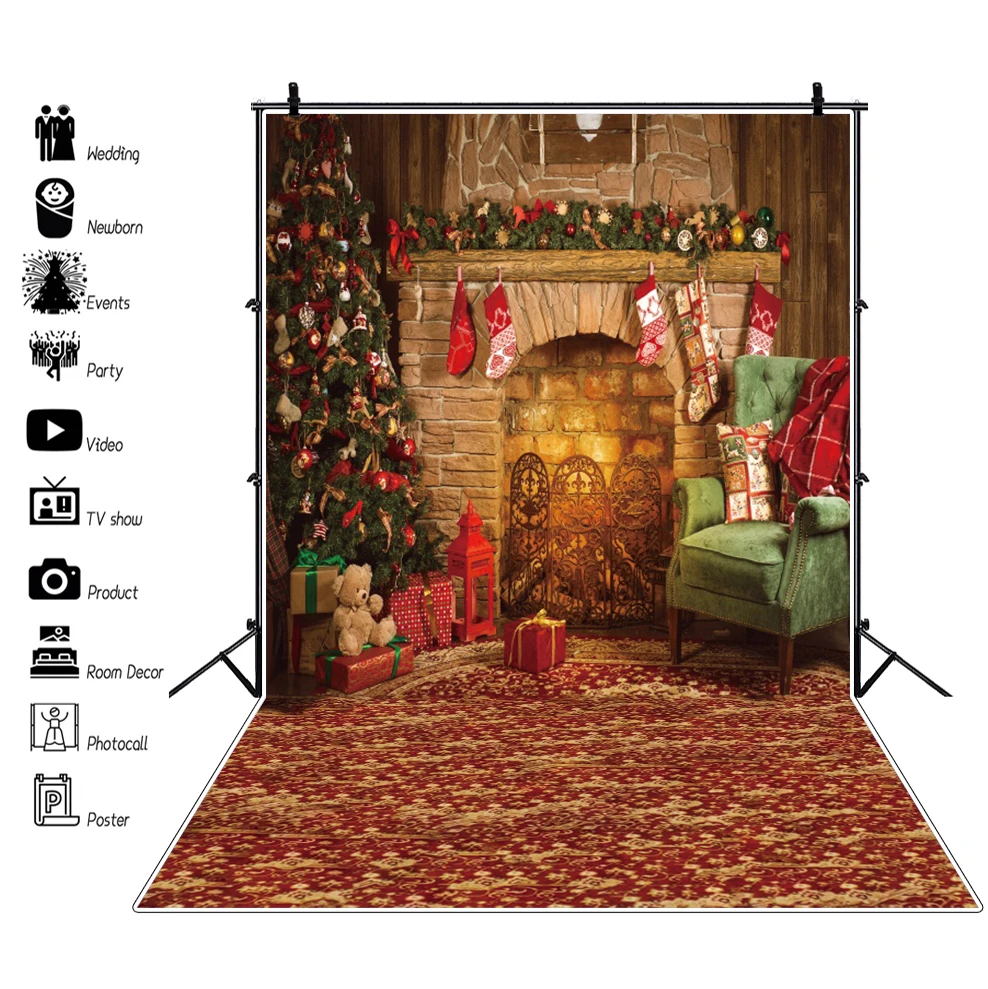 

Merry Christmas Fireplace Interior Scenic Sofa Child Baby Portrait Photography Background Family Party Decor Photocall Backdrop