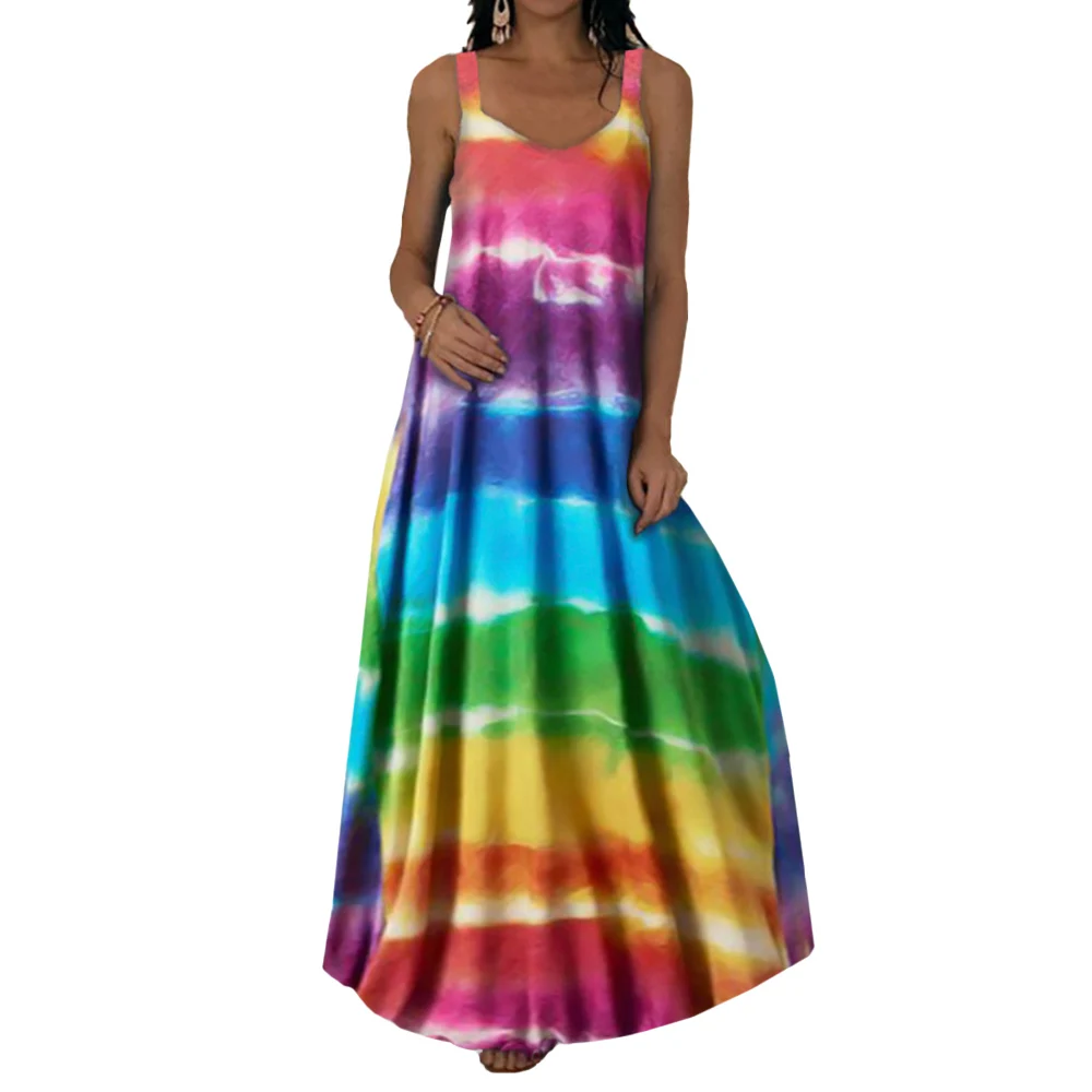 

Rainbow Color Sleeveless Maxi Dress Women Floral Print V-Neck Lady Loose Spaghetti Strap Summer Fashion Casual Female Dress