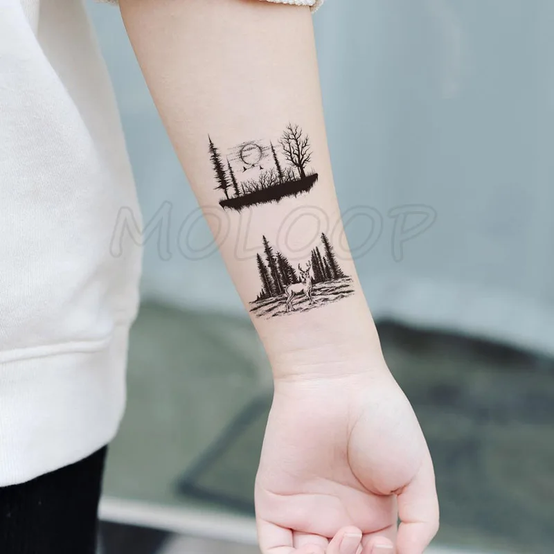 Tattoo Sticker deer bird animal forest tree planet sun moon Water Transfer Temporary Fake tatto flash tatoo for kid girl men | Красота и