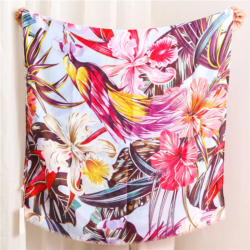 

Женский шарф в этническом стиле, длинная шаль из хлопка и льна с разноцветным цветочным принтом в виде попугая, защита от солнца, весна-осень