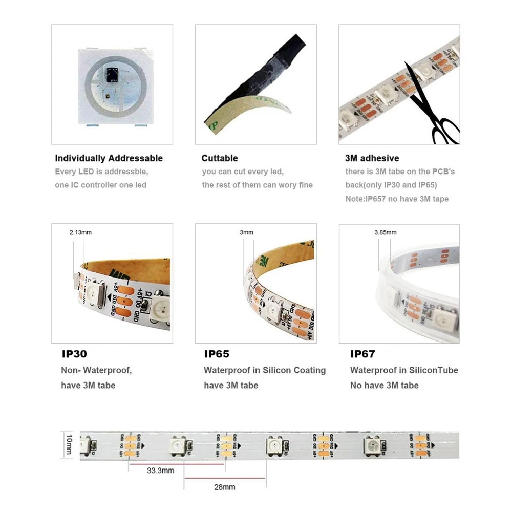 

WS2812B WS2812 Smart Ied Strip individuaIIy AddressabIe RGB Light 30Ieds/m Black/White PCB Waterproof IP30/65/67 DC5V