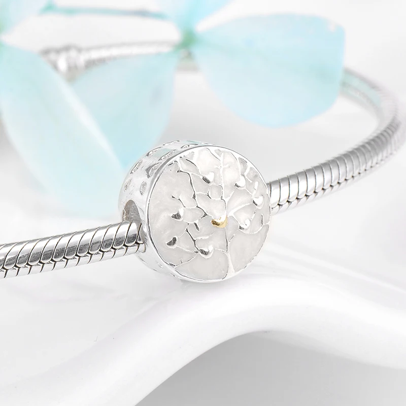 Настоящее 925 пробы Серебряные Подвески Дерево жизни шарик белая эмаль круглая