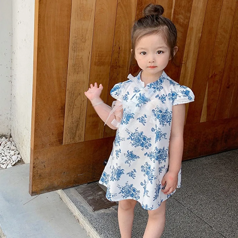 

2022 Girl Chinese Style Dress Summer 1-6Year Baby Toddler Kids Retro Flower Butterfly Silk Cheongsam Dress Children Clothes