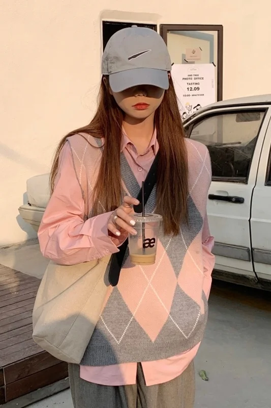 Женский вязаный кардиган в розовую клетку жилет с V-образным вырезом Осень-зима