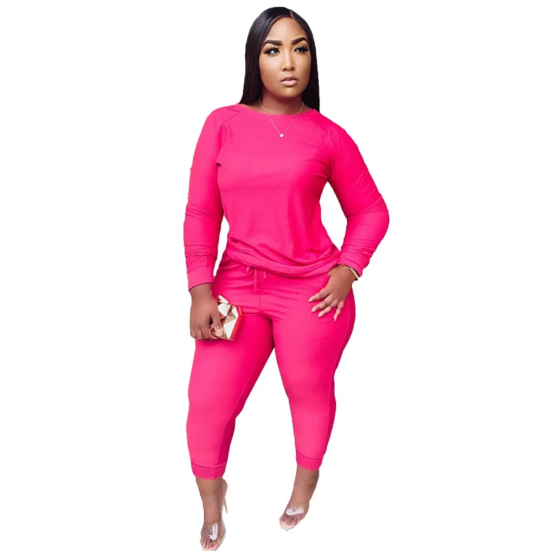 

2021 Fall Woman Sets Outfits Plus Size Solid Color Round Neck Chubby Femal Tracksuit Casual Suit Bottoming