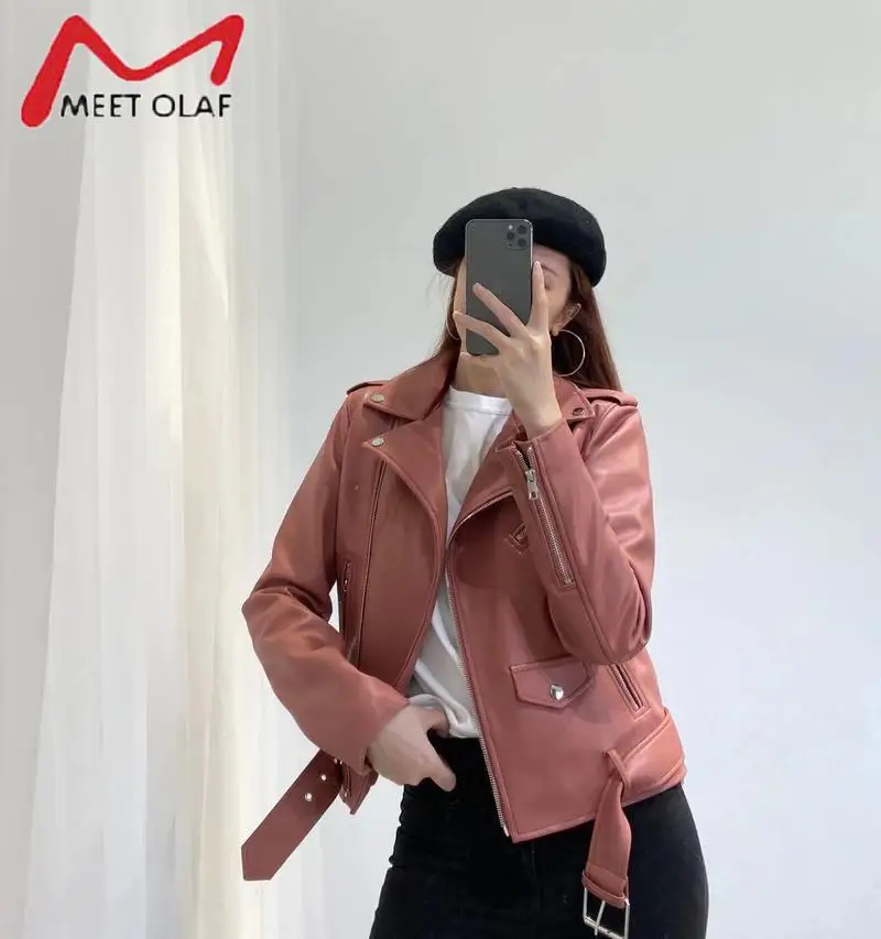 Весна-Осень 2020 Женская куртка из искусственной кожи с поясом белая черная на