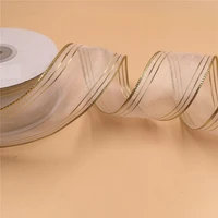 38mm wire goleden edge ribbon white organza for dress bow birthday decoration chirstmas gift diy wrapping 25yards n2111