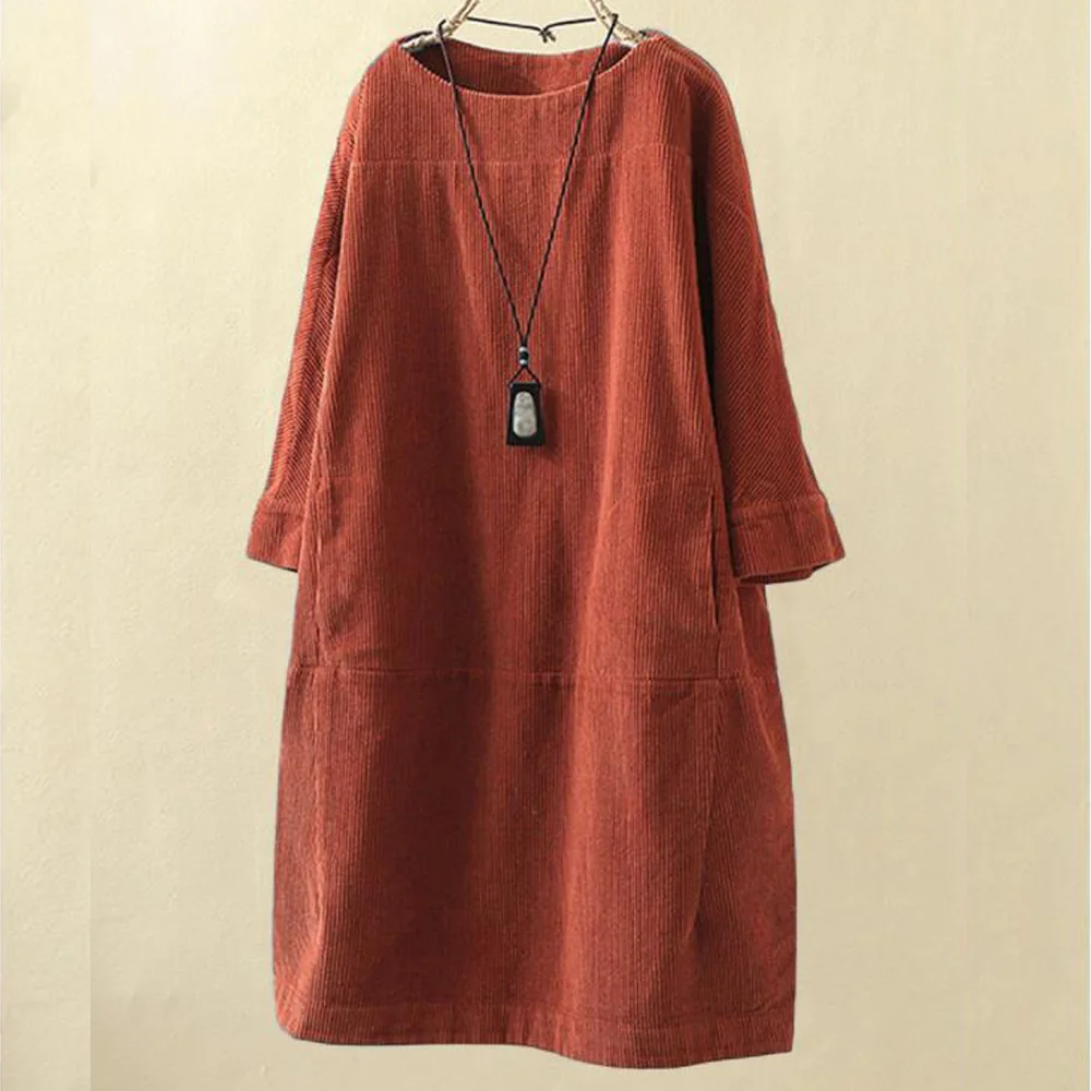 

Plus Size Women Corduroy Autumn Dress O-Neck Long Sleeve Vintage Solid Loose Casual Dresses Vestido Inverno Robe 5XL