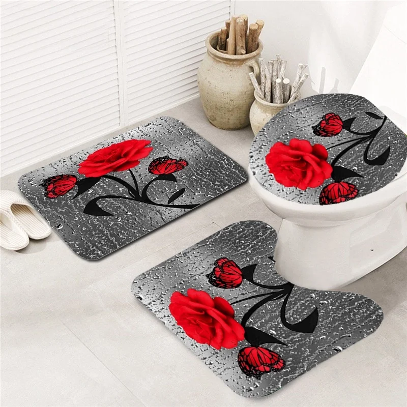 Занавеска для душа с красной розой и бабочкой набор нескользящих ковриков ванной
