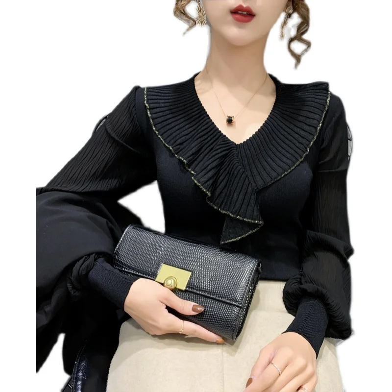 

Room 198242, 7 in row 3 make lotus leaf collar stitching knit chiffon sleeves head 63