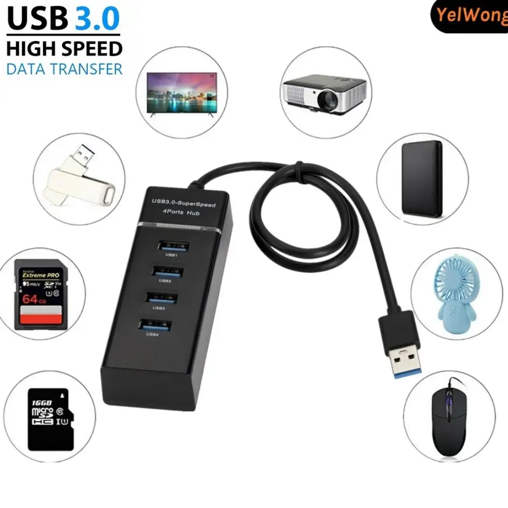 Высокоскоростной USB-концентратор 4 в 1, USB 3,0, USB-разветвитель, 4 порта, независимый светодиодный индикатор, адаптер для ПК, ноутбука, Mac