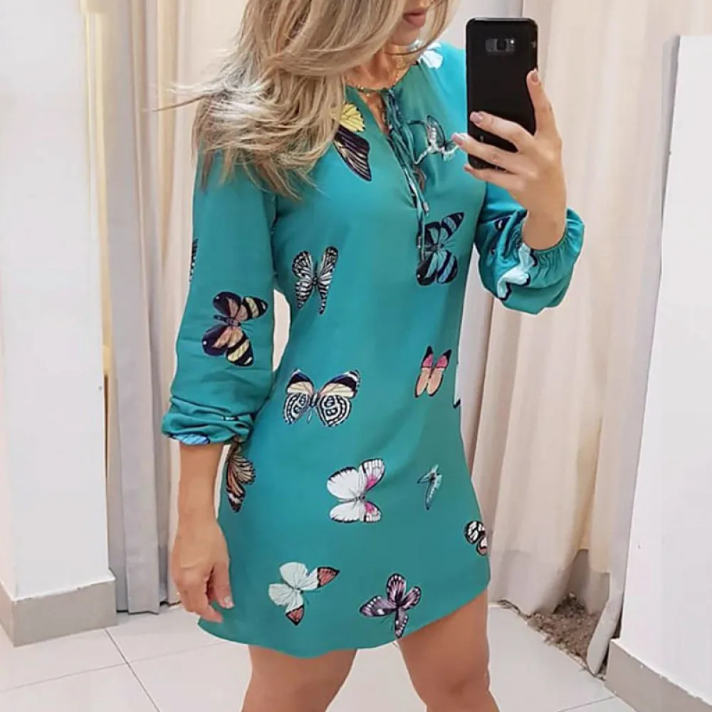 

2021 Summer Butterfly Print Women Dress Plus Size Fashion Casual Lantern Sleeve V-Neck Thin Mini Dress Vestidos