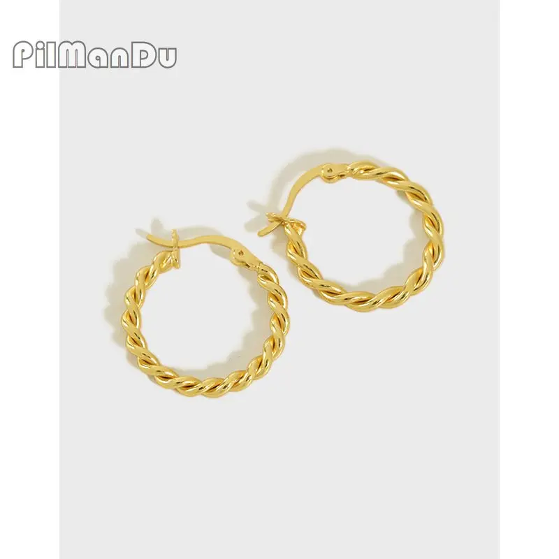 

PilManDu S925 Sterling Silver Twisted Rope Circle Ear Buckle Hoop Earrings For Women Minimalist Jewelry Girl Gift 2021Trendy