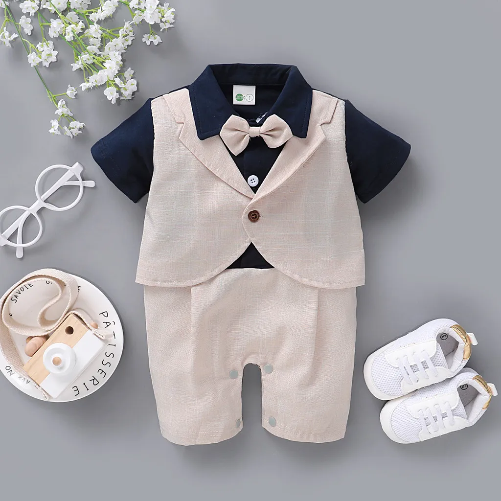 

Newborn Baby Boys Short Sleeve Gentleman Bow Tie Solid Romper Jumpsuit Button Children's Cute Little Suit Clothes Baby Clothing
