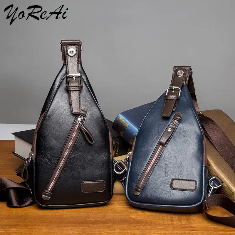 

YoReAi Men's Fashion Crossbody Packs Theftproof Rotatable Button Open PU Leather Chest Bag Men Shoulder Bags Chest Waist Pack