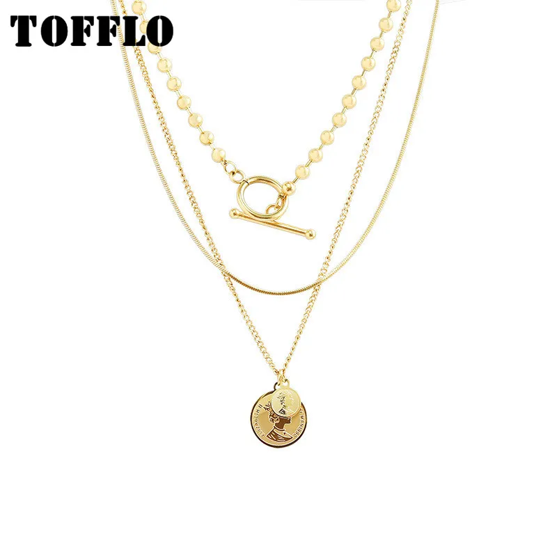 

TOFFLO Stainless Steel Jewelry Double Round Queen's Portrait OT Multi Layered Necklace Fashion Female Clavicle Chain BSP747