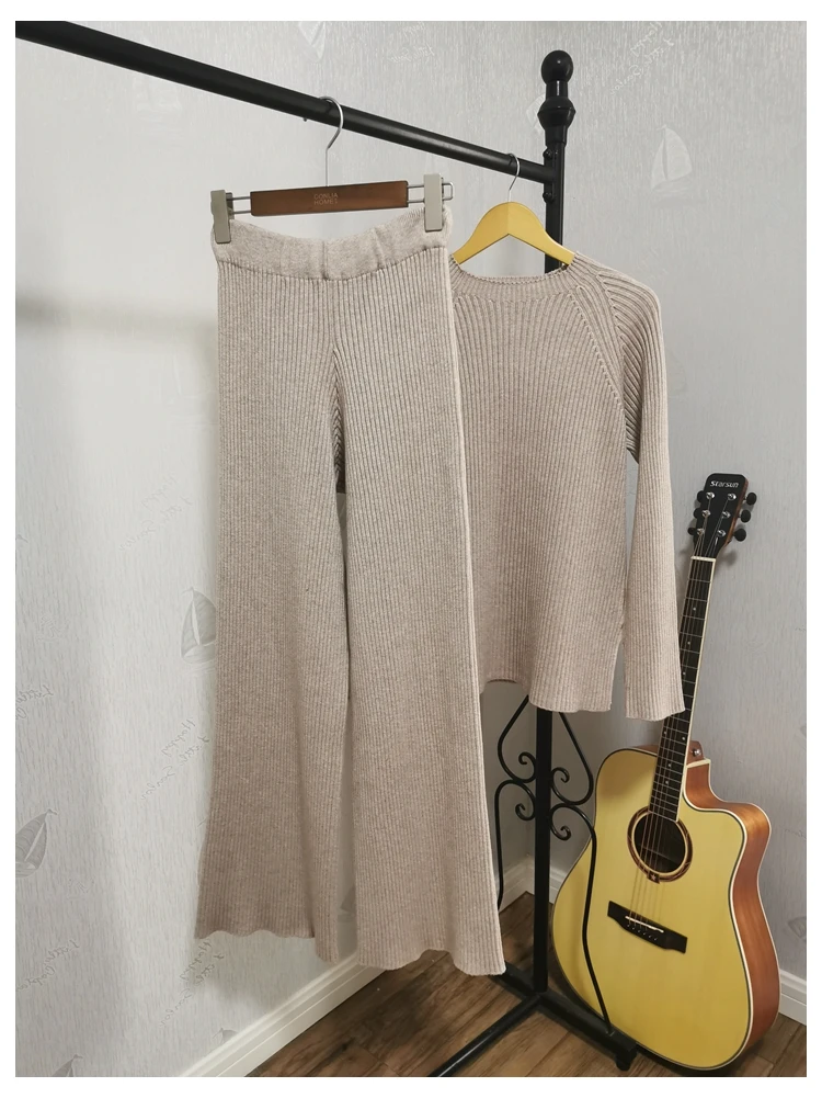 

New 2021 Casual long sleeve knitwear Hoodie Sweatshirts Women Knitted wide leg Trousers Outfits Q207